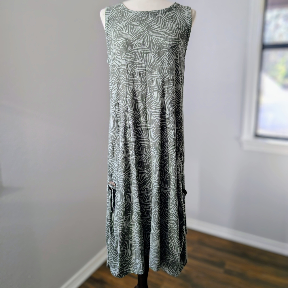 Kaktus Leaf Print Midi Dress Coastal Grandma Beachy Vacation Cruise Lagenlook